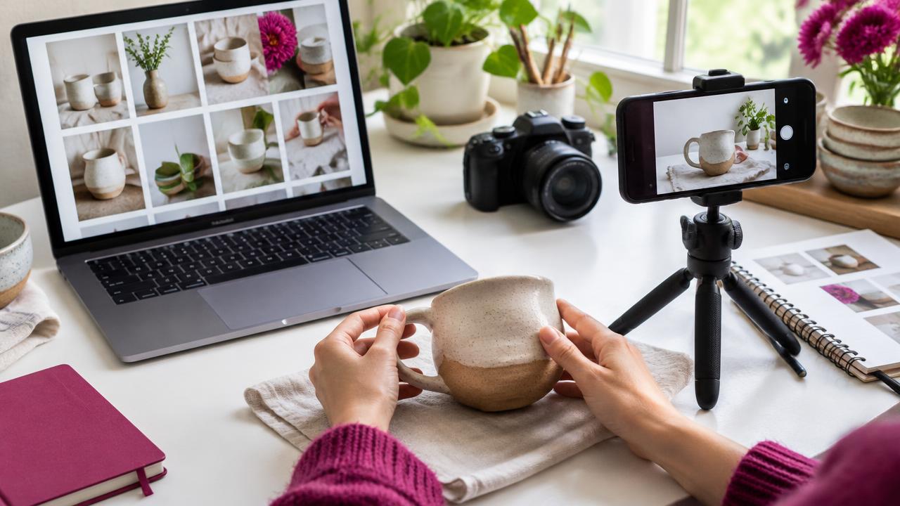Espacio de trabajo de creación de contenido para redes sociales, con ordenador y material de planificación mensual