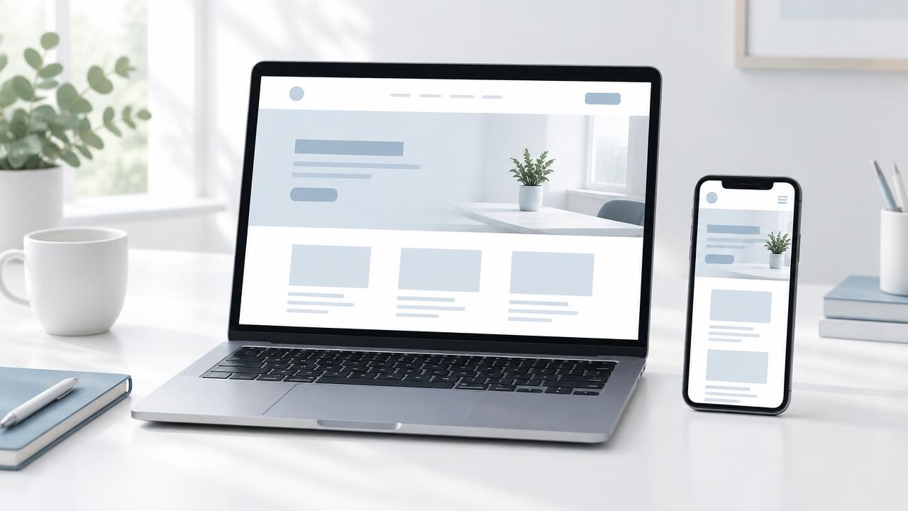 Espacio de trabajo de diseño web con ordenador, bocetos y material de una imprenta